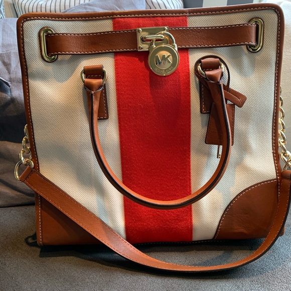 MK Hamilton Striped Large Canvas Red White Tote